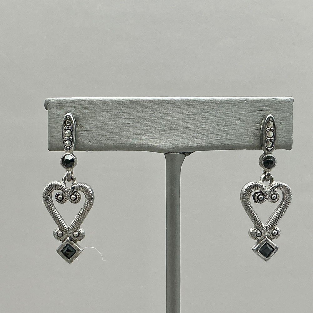 Premier Designs Heart Drop Earrings Women Silver Tone Black Rhinestone Dangle